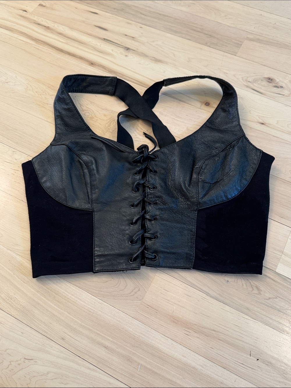 Wilson’s Leather Vintage Black Leather  Corset Top-Cross Strap-Zip back-M